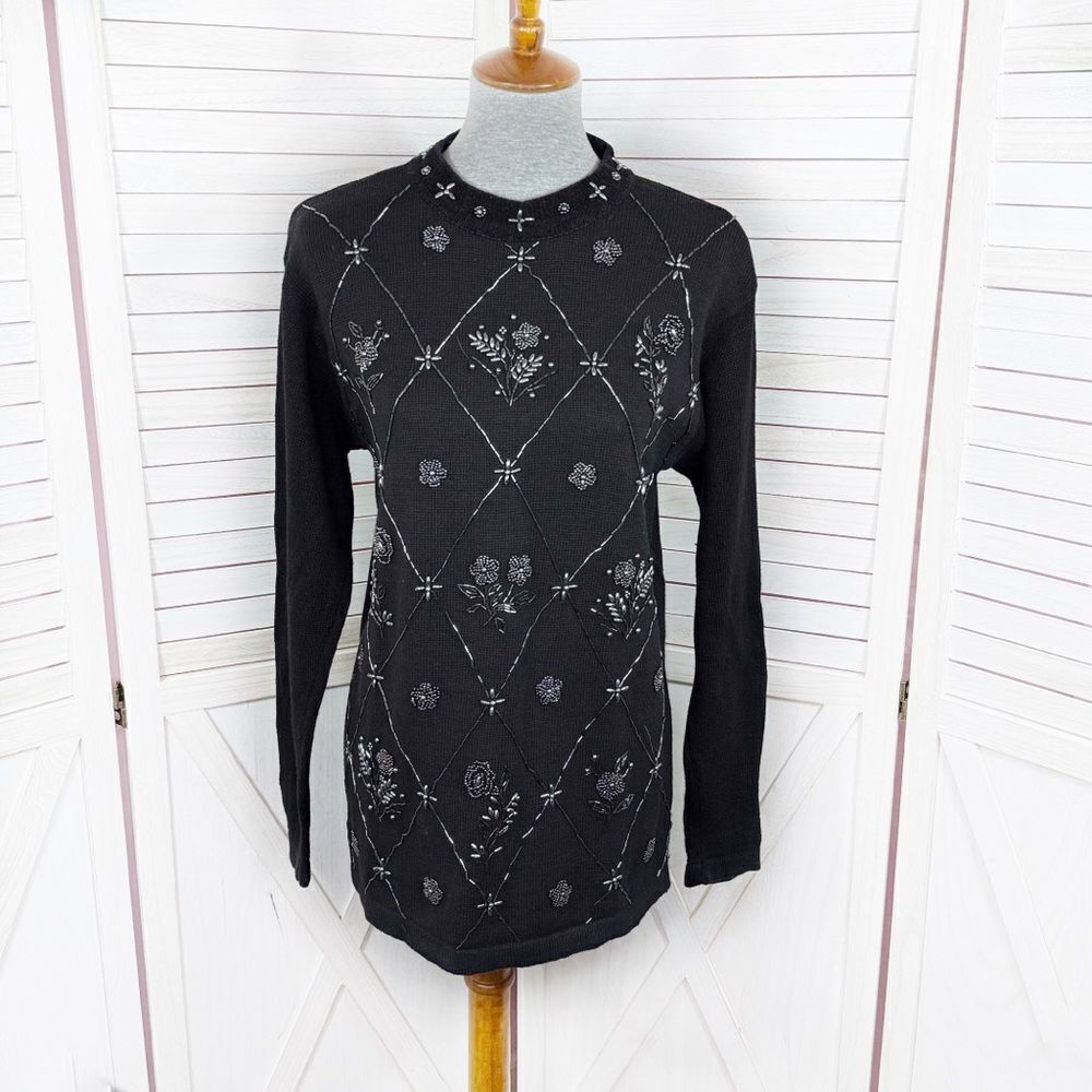 Vintage‎ OHI 90s Floral Beaded Tunic Sweater Black Medium Chunky Knit